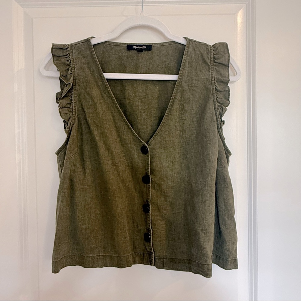 Madewell Ruffle Button Front Linen Blend Tank- Olive